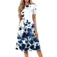 thumbnail image 1 of bbyeadc Summer Dresses for Women 2025 Boho Short Sleeve Round Neck Mid-Length Dresses with Side Pocket Casual Loose A Line Dress Beach Floral Print Sundresses, Blue 2XL, 1 of 5