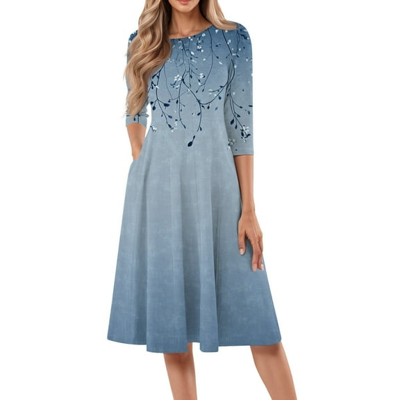 bbyeadc Summer Dresses for Women 2025 Casual Round Neck 3/4 Sleeve A Line Dress Boho Loose Midi Dresses with Side Pocket Beach Sundresses Floral Print Dress, Blue S