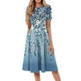thumbnail image 1 of bbyeadc Summer Dresses for Women 2025 Loose Casual Mid-Length Dresses Vintage Short Sleeve Round Neck A Line Dress Beach Floral Print Flowy Sundresses with Side Pocket, Blue S, 1 of 5