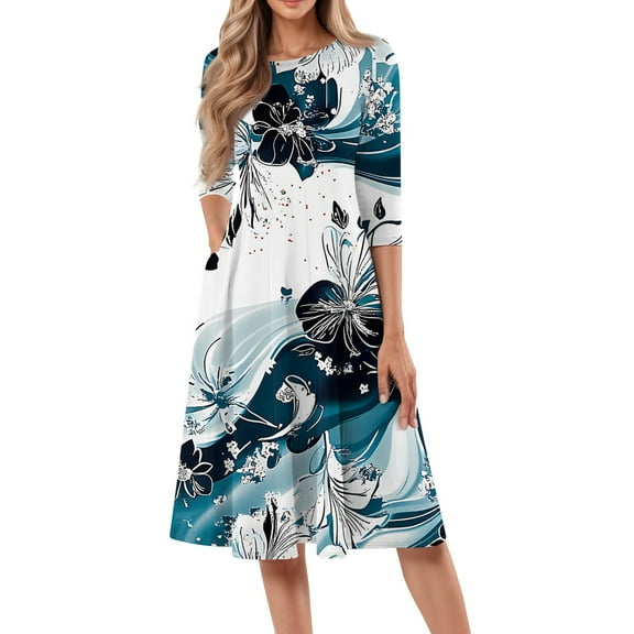 bbyeadc Summer Dresses for Women 2025 Loose Casual Midi Dresses Vintage 3/4 Sleeve Crewneck A Line Dress Beach Floral Print Flowy Sundresses with Side Pocket, White 3XL