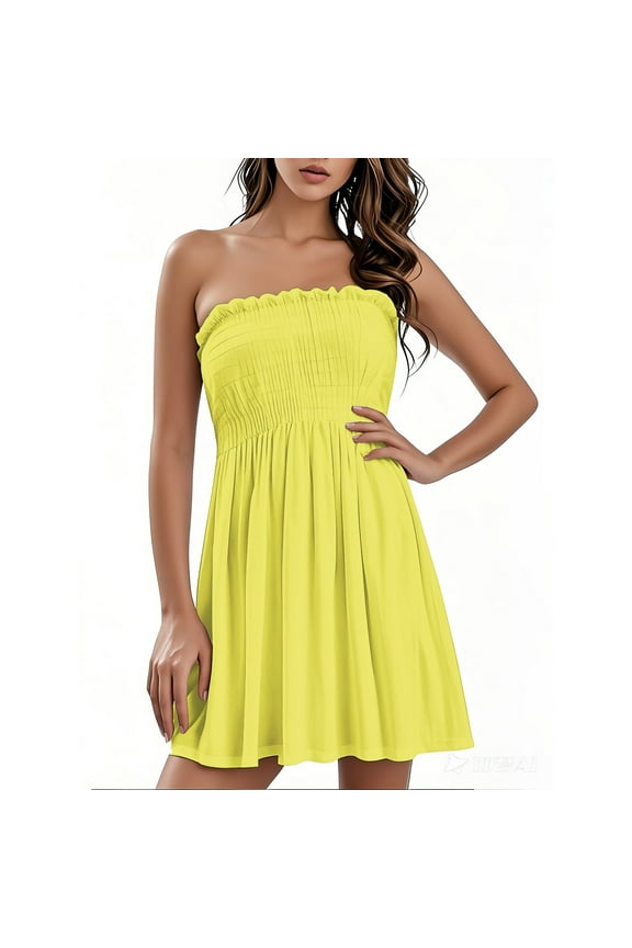 Summer Dresses for Women Beach Cover Ups Strapless Boho Floral Print Sundress Hawaiian Floral Print Dress Tube Top Dress, Yellow 3XL