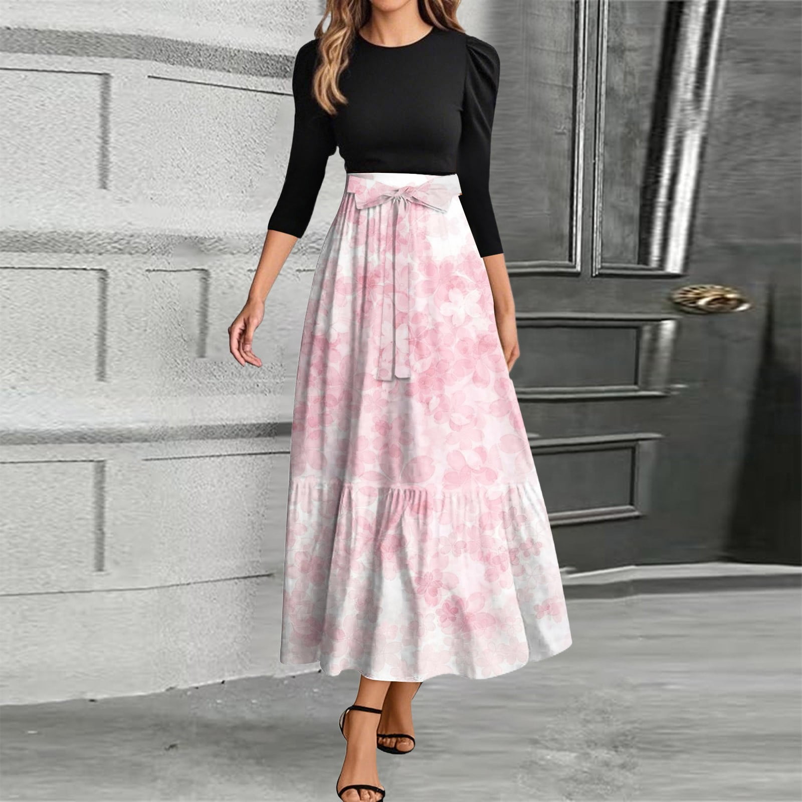 BAE Summer Long Pink Dress With Ruffled Hem, Tight Fit And Pleated