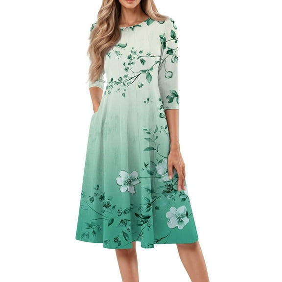 bbyeadc Summer Midi Dresses for Women 2025 Boho 3/4 Sleeve Round Neck Mid Length Dresses with Side Pocket Casual Loose A Line Dress Beach Floral Print Sundresses, Fluorescent Green L