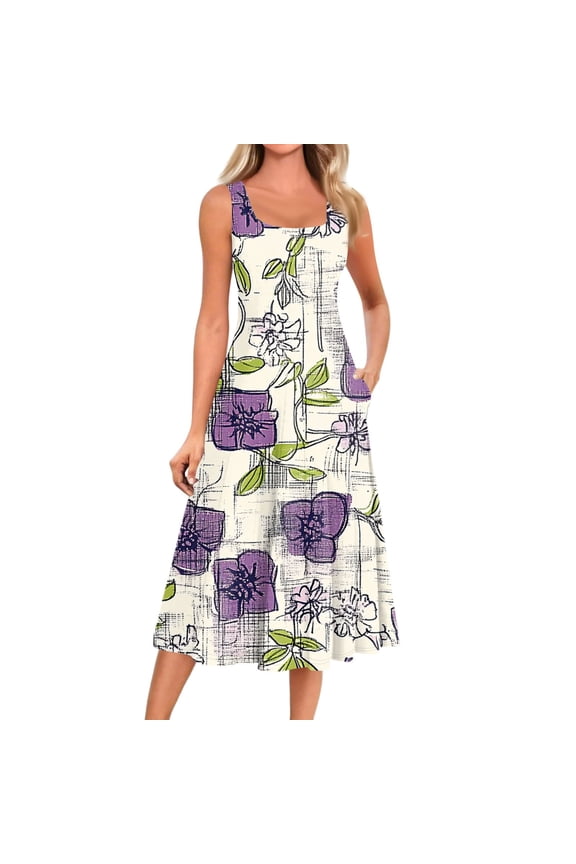 Summer Midi Dresses for Women 2025 Boho Sleeveless Round Neck Mid-Length Dresses with Side Pocket Casual Loose Fit A Line Dress Beach Floral Print Flowy Sundresses, Purple L