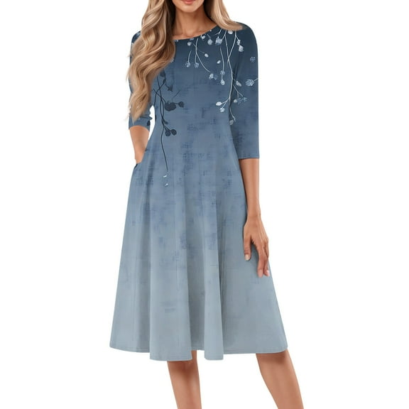 bbyeadc Spring Dresses for Women 2025 Casual Round Neck 3/4 Sleeve A Line Dress Vintage Loose Mid-Length Dresses with Side Pocket Beach Sundresses Floral Print Dress, Royal Blue L