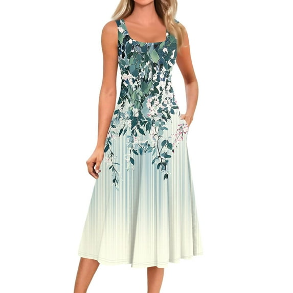 bbyeadc Summer Midi Dresses for Women 2025 Casual Crewneck Sleeveless A Line Dress Vintage Loose Fit Mid-Length Dresses with Side Pocket Beach Sundresses Floral Print Dress, Light Green XL