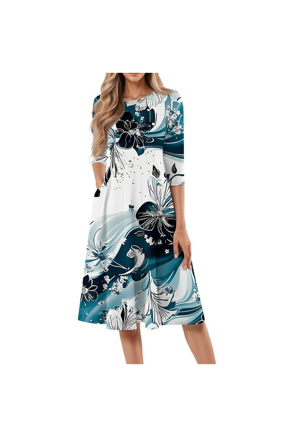 Summer Midi Dresses for Women 2025 Loose Casual Mid-Length Dresses Boho 3/4 Sleeve Crewneck A Line Dress Beach Floral Print Flowy Sundresses with Side Pocket, White L