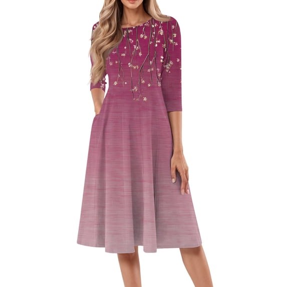 bbyeadc Summer Midi Dresses for Women 2025 Loose Casual Mid Length Dresses Boho 3/4 Sleeve Round Neck A Line Dress Beach Floral Print Sundresses with Side Pocket, Light pink XL