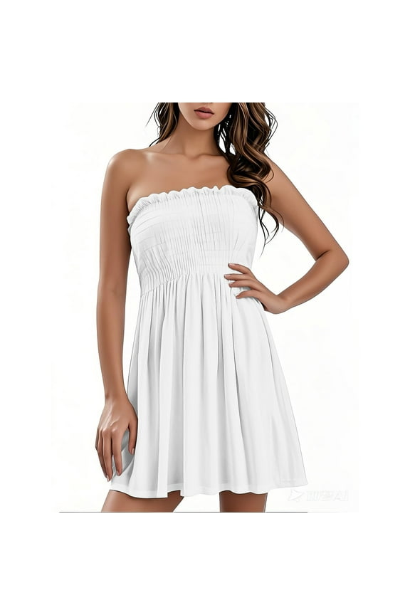 Sun Dresses Women Summer Casual Sleeveless Sexy Tube Strapless Smocked Mini Sundresses for Women Boho Tie-Dye Plus Size Dress for Women Off the Shoulder Graduation Dress, White S