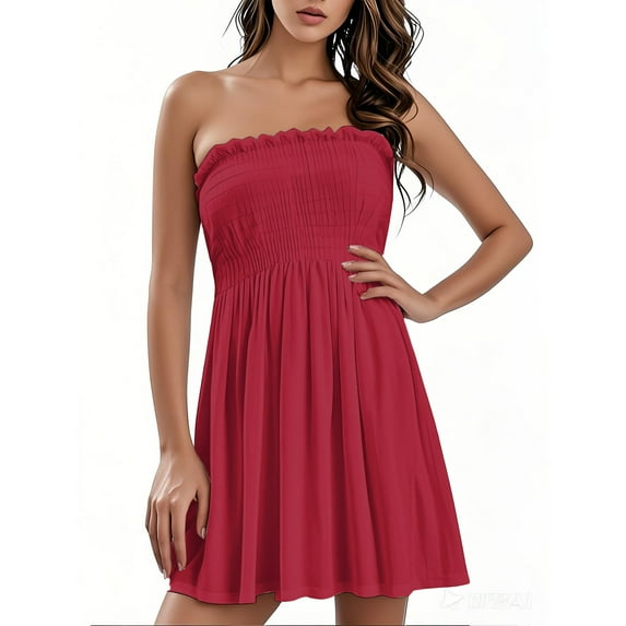 bbyeadc Sun Dresses Women Summer Casual Sleeveless Sexy Tube Strapless Smocked Mini Sundresses for Women Boho Tie-Dye Plus Size Dress for Women Off the Shoulder Graduation Dress, Red S