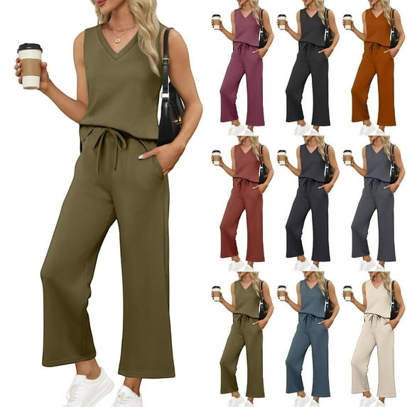 bbyeadc Travel Outfits for Women 2 Piece Sets V Neck Sleeveless Casual Business Outfits for Women Wide Leg Drawstring Matching Sets Women Comfy Matching Sets Women Clothing, Army Green 2XL