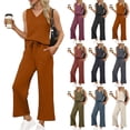 thumbnail image 1 of bbyeadc Travel Outfits for Women 2 Piece Sets V Neck Sleeveless Casual Travel Clothes Women Wide Leg Drawstring Women's Clothing Comfy Pact Clothing for Women, Saffron M, 1 of 6