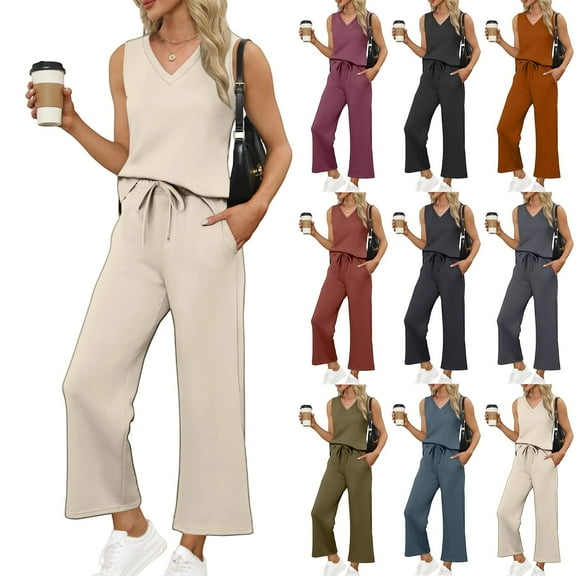 bbyeadc Travel Outfits for Women 2 Piece Sets V Neck Sleeveless Lounge Travel Outfits for Women Wide Leg Drawstring Matching Sets Soft Pact Clothing for Women, Beige S