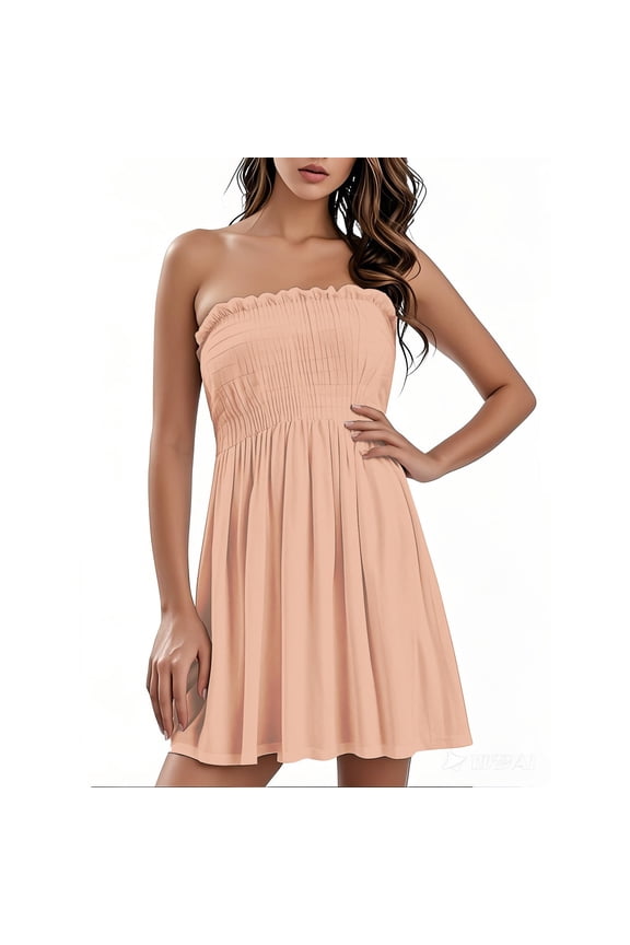 Tube Top Dress for Women Summer Casual Stretch Smocked Strapless Midi Boho Dresses, Off The Shoulder Ruffle Flowy Beach Sun Dress, Complexion XL