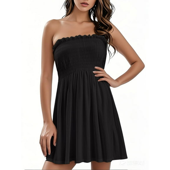bbyeadc Tube Top Dress for Women Casual Summer Smocked Strapless Boho Dress Sleeveless Printed Beach Flowy Midi Dresses, Black 3XL