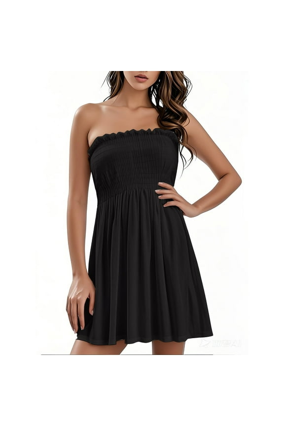 Tube Top Dress for Women Casual Summer Smocked Strapless Boho Dress Sleeveless Printed Beach Flowy Midi Dresses, Black 3XL