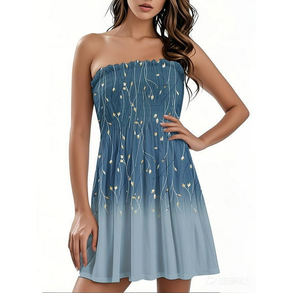 bbyeadc Tube Top Dress for Women Casual Summer Smocked Strapless Boho Dress Sleeveless Printed Beach Flowy Midi Dresses, Vermilion S