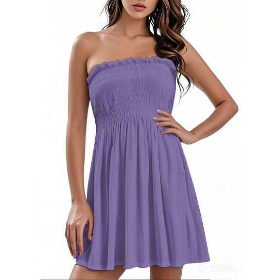 bbyeadc Tube Top Dress for Women Casual Summer Strapless Sleeveless Printed Beach Coverup Stretch Smocked Flowy Midi Dress, Purple 3XL