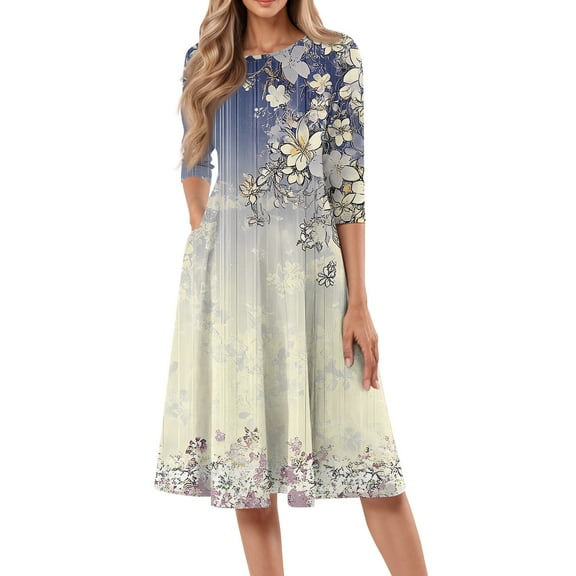 bbyeadc White Dresses for Women 2025 Loose Casual Midi Dresses Vintage 3/4 Sleeve Round Neck A Line Dress Beach Floral Print Flowy Sundresses with Side Pocket, Light Purple 3XL