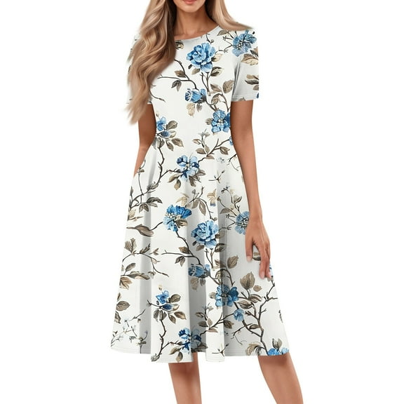 bbyeadc White Midi Dresses for Women 2025 Casual Crewneck Short Sleeve A Line Dress Vintage Loose Mid Length Dresses with Side Pocket Beach Flowy Floral Print Sundresses, Light Blue 2XL