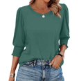 thumbnail image 1 of bbyeadc Women's 2025 Fashion T-Shirts Round Neck Puff Cuff Pleated Shirts Three Quarter Sleeve Dressy Casual Loose Basic Trendy Tops Summer Basic Business Tshirts Clothes, Dark Green S, 1 of 7