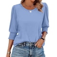 thumbnail image 1 of bbyeadc Women's 2025 Fashion Tops Round Neck Smocked Cuff Ruched Shirts 3/4 Sleeve Dressy Casual Loose Fit Basic Trendy Tops Summer Solid Business Tshirts Clothes, Sky Blue S, 1 of 7