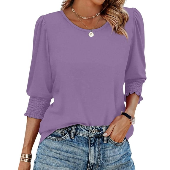 bbyeadc Women's 2025 Fashion Tops Round Neck Smocked Cuff Ruched Shirts 3/4 Sleeve Dressy Casual Loose Trendy T-Shirt Blouses Summer Solid Business Tshirts Clothes, Purple L