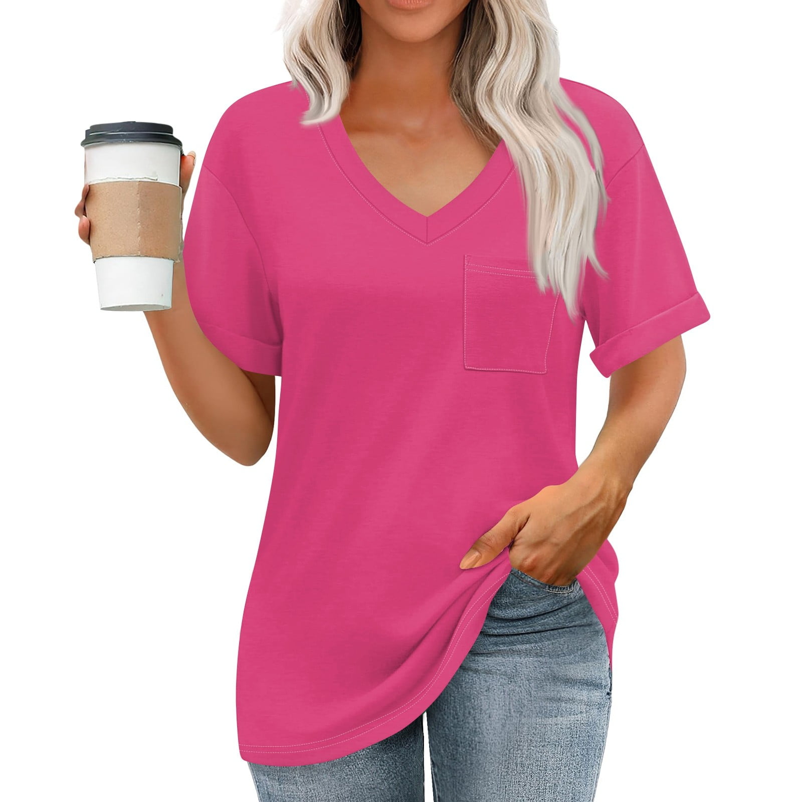 bbyeadc Women's 2025 Short Sleeve V Neck Tee Tops Summer Basic Loose ...