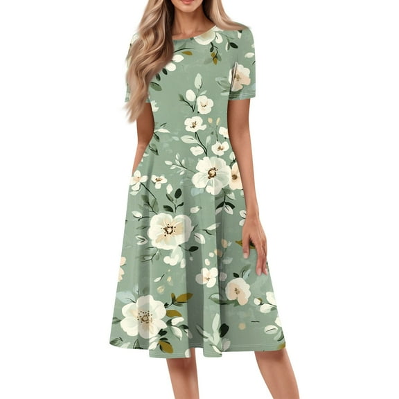 bbyeadc Women's Black Dresses 2025 Boho Short Sleeve Round Neck Midi Dresses with Side Pocket Casual Loose A Line Dress Beach Floral Print Flowy Sundresses, Mint Green L