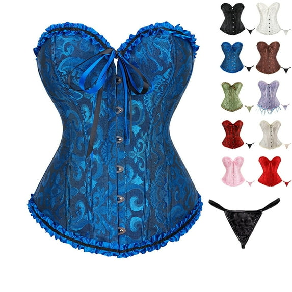 bbyeadc Women's Blue Corset Tops Oversized Gothic Lace Waist Corset Top Costume Bustier Shapewear Lingerie Satin Floral Push Up Bodyshaper with T Back, Dark Blue 2XL