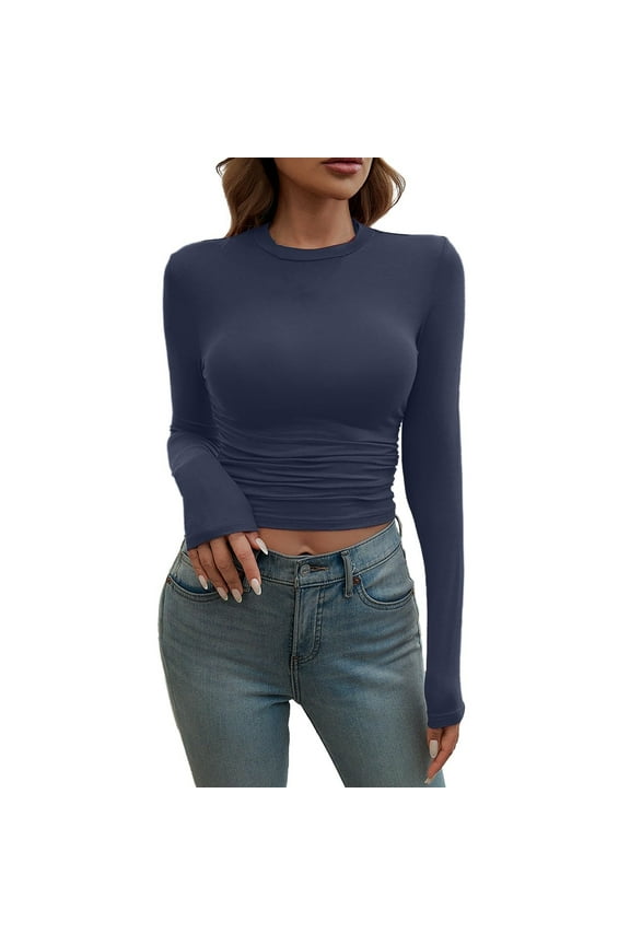 Women's Blue Long Sleeve Shirt Crew Neck Strechy Going Out Crop Tops Spring Fall Winter Y2k Basic Tight Tee Top Pullover, Navy M