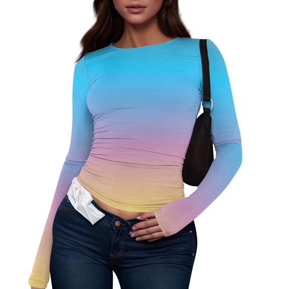 bbyeadc Women's Blue Long Sleeve Shirts Crew Neck Strechy Going Out Crop Tops Spring Fall Winter Casual Gradient Slim Fit Tees Pullover, Blue L