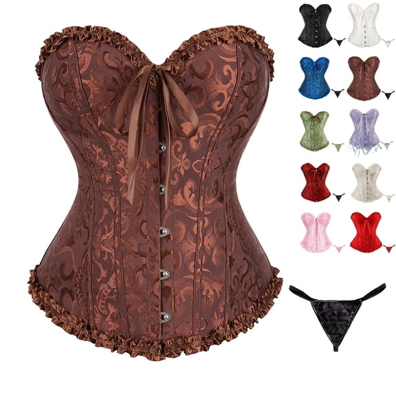 bbyeadc Women's Brown Corset Plus Size Gothic Lace Up Boned Corset Tops Party Bustier Shapewear Lingerie Satin Floral Push Up Bodysuit with T Back, Coffee M