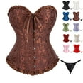 thumbnail image 1 of bbyeadc Women's Brown Corset Tops Plus Size Y2k Lace Up Boned Corset Top Night Out Bustier Shapewear Lingerie Satin Floral Push Up Bodysuit with T Back, Coffee XL, 1 of 7