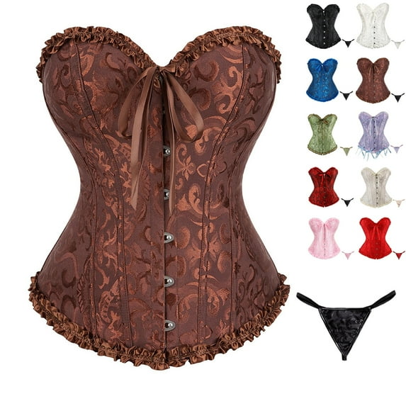 bbyeadc Women's Brown Corset Tops Plus Size Y2k Lace Up Boned Corset Top Night Out Bustier Shapewear Lingerie Satin Floral Push Up Bodysuit with T Back, Coffee XL
