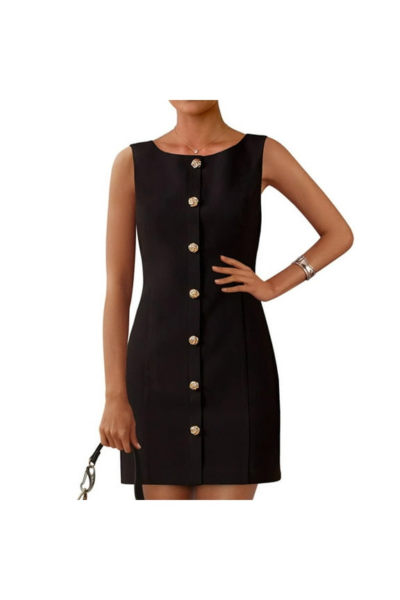Women's Business Casual Dress Sleeveless Button Down Zipper Work Dress Women Comfy Boat Neck Elegant Party Dresses Spring Fitted Basic Clothing, Black L