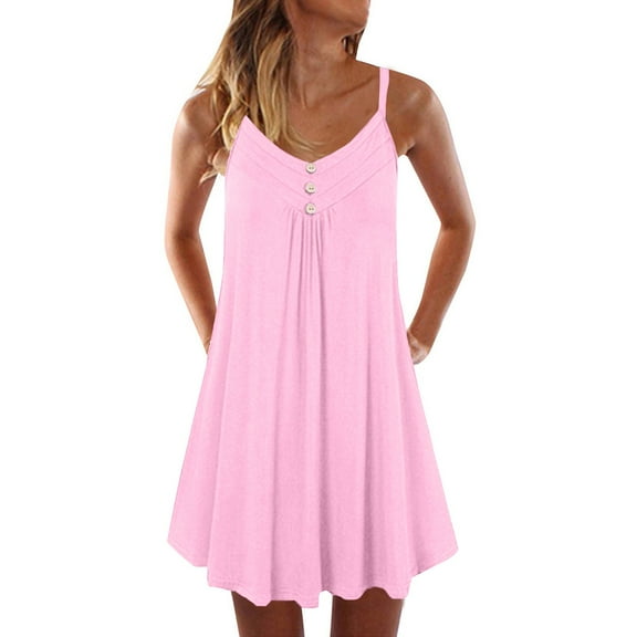 bbyeadc Women's Oversized Summer Swimsuits Curved Hem Spaghetti Strap Dress Casual Button V Neck Pleated Dresses | Pink 2XL