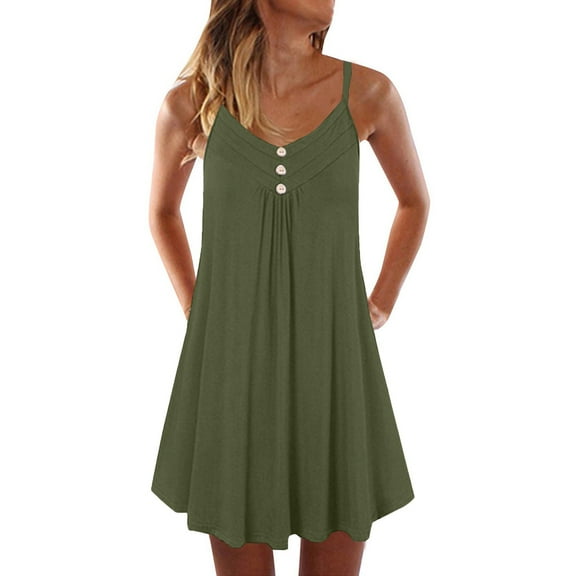 bbyeadc Women's Plus Size Summer Dresses Curved Hem Spaghetti Strap Dress Casual Button V Neck Pleated Swimsuit Cover Up (Army Green, 4XL)