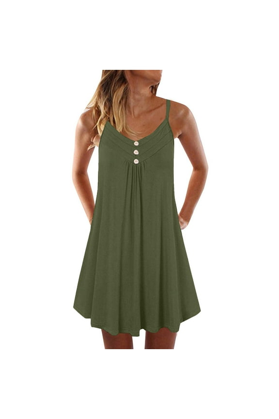 Women's Plus Size Summer Dresses Curved Hem Spaghetti Strap Dress Casual Button V Neck Pleated Swimsuit Cover Up (Army Green, 4XL)