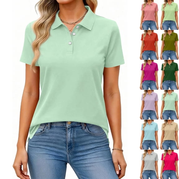 bbyeadc Women's Polo Shirts Casual Henley Short Sleeve Shirt Button Down Lapel Collar Polo Shirt Basic Summer Tshirts, Mint Green 3XL