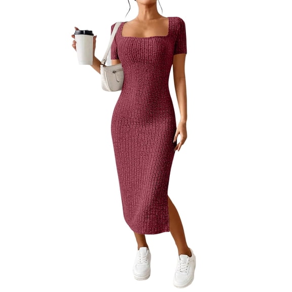 bbyeadc Women's Red Cocktail Dresses 2025 Summer, New French Stand Alone Square Neck Short Sleeve Side Slit Dresses (Wine, S)