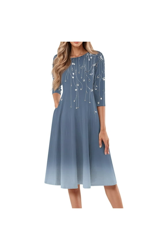 Women's Spring Dresses 2025 Loose Casual Mid-Length Dresses Vintage 3/4 Sleeve Crewneck A Line Dress Beach Floral Print Flowy Sundresses with Side Pocket, Blue S