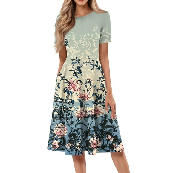 bbyeadc Women's Spring Dresses 2025 Loose Casual Mid-Length Dresses Vintage Short Sleeve Crewneck A Line Dress Beach Floral Print Sundresses with Side Pocket, Light Blue 3XL
