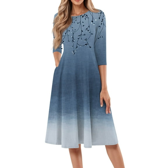 bbyeadc Women's Spring Dresses 2025 Loose Casual Midi Dresses Boho 3/4 Sleeve Crewneck A Line Dress Beach Floral Print Sundresses with Side Pocket, Dark Blue L