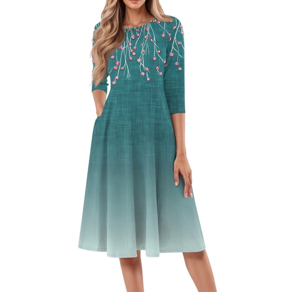 bbyeadc Women's Spring Dresses 2025 Loose Casual Midi Dresses Boho 3/4 Sleeve Round Neck A Line Dress Beach Floral Print Flowy Sundresses with Side Pocket, Cyan S