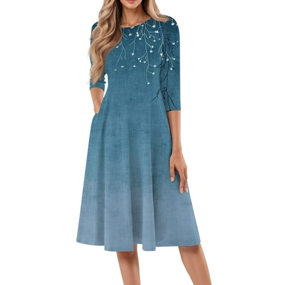 bbyeadc Women's Spring Midi Dresses 2025 Vintage 3/4 Sleeve Round Neck Mid-Length Dresses with Side Pocket Casual Loose A Line Dress Beach Floral Print Sundresses, Blue L
