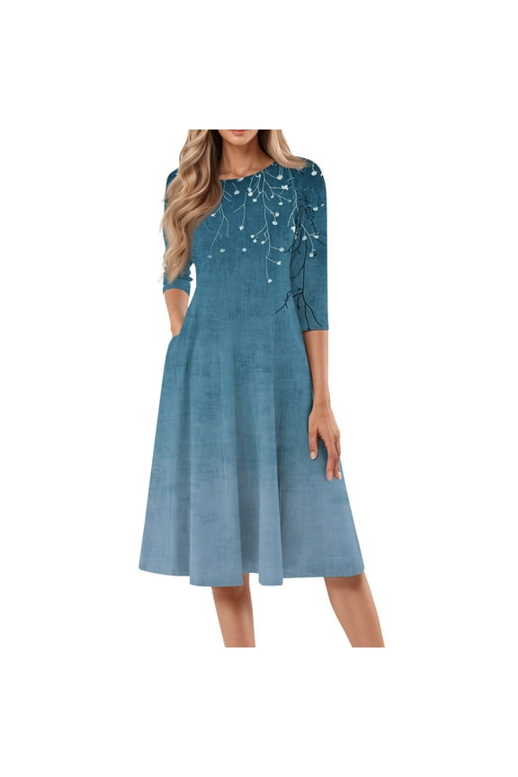 Women's Spring Midi Dresses 2025 Vintage 3/4 Sleeve Round Neck Mid-Length Dresses with Side Pocket Casual Loose A Line Dress Beach Floral Print Sundresses, Blue L