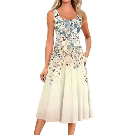 bbyeadc Women's Spring Midi Dresses 2025 Vintage Sleeveless Round Neck Mid Length Dresses with Side Pocket Casual Loose Fit A Line Dress Beach Floral Print Sundresses, Beige 3XL