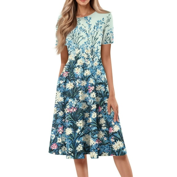bbyeadc Women's Summer Dresses 2025 Boho Short Sleeve Crewneck Midi Dresses with Side Pocket Casual Loose A Line Dress Beach Floral Print Flowy Sundresses, Sky Blue S