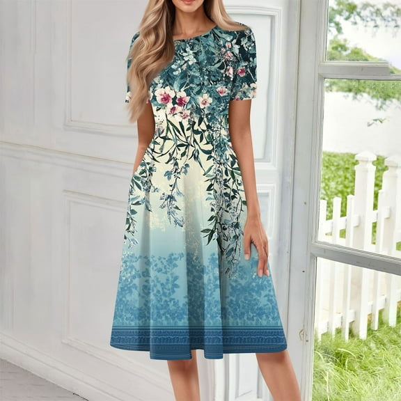 bbyeadc Women's Summer Dresses 2025 Casual Crewneck Short Sleeve A Line Dress Vintage Loose Midi Dresses with Side Pocket Beach Sundresses Floral Print Dress, Sky Blue 3XL